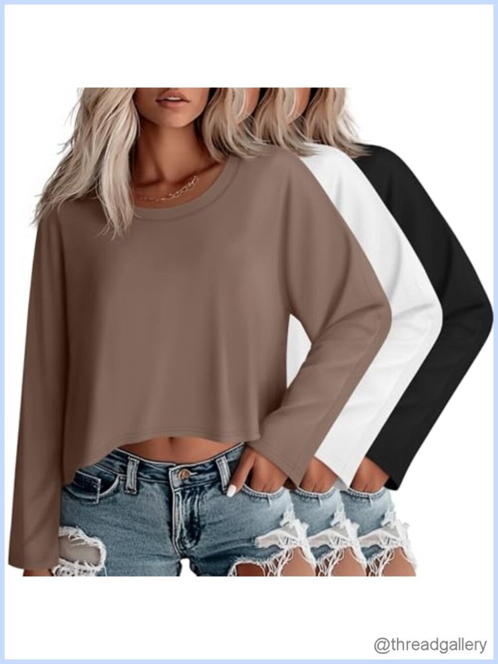 Womens 3 Pack Oversized Cropped Long Sleeve Casual Tops Polyester Cotton Spandex